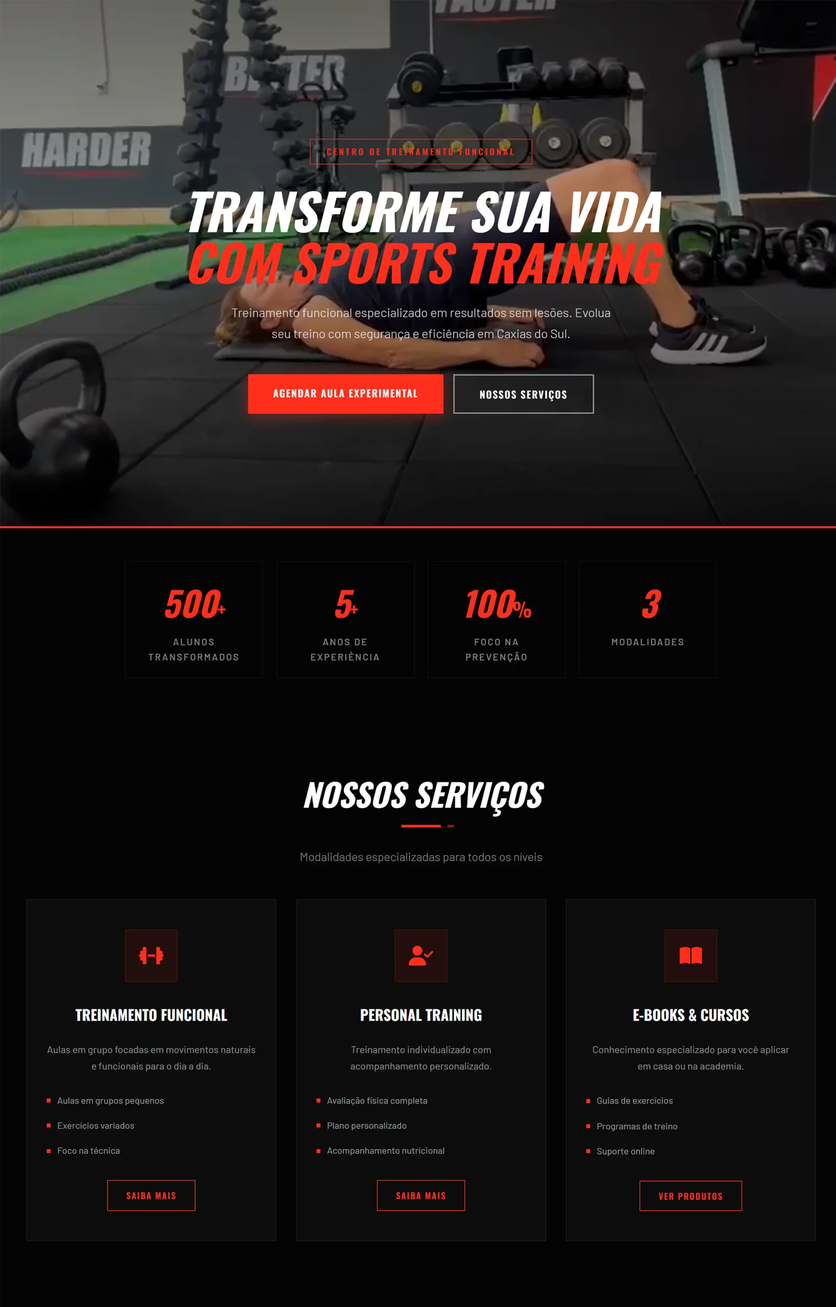 Landing page Sports Training, captação de alunos para academia